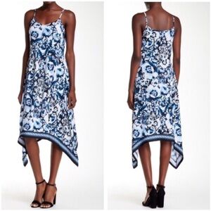 ECI Strappy Floral Sleeveless Trapeze Dress Blue Medium